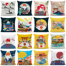 日式风景抱枕套富士山樱花靠垫套家居装饰超柔沙发红太阳风景枕套