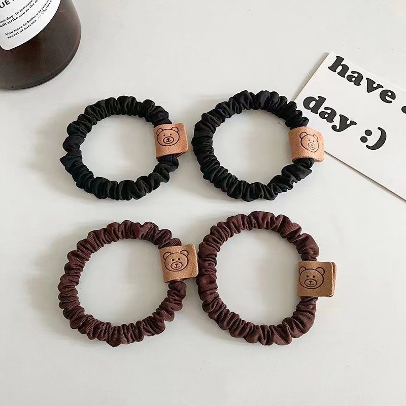 Korean Dongdaemun New Autumn and Winter Ice Silk Pleated High Elastic Base Rubber Band Cute Bear Labeling Leather Cover Hair Band