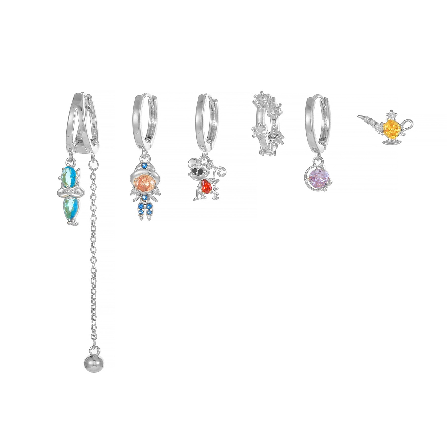 Cartoon Fashion Fairy Tale Princess Girl Zircon Earrings Female Sweet Asymmetry Tassel Ear Clips Earrings 6-Piece Set