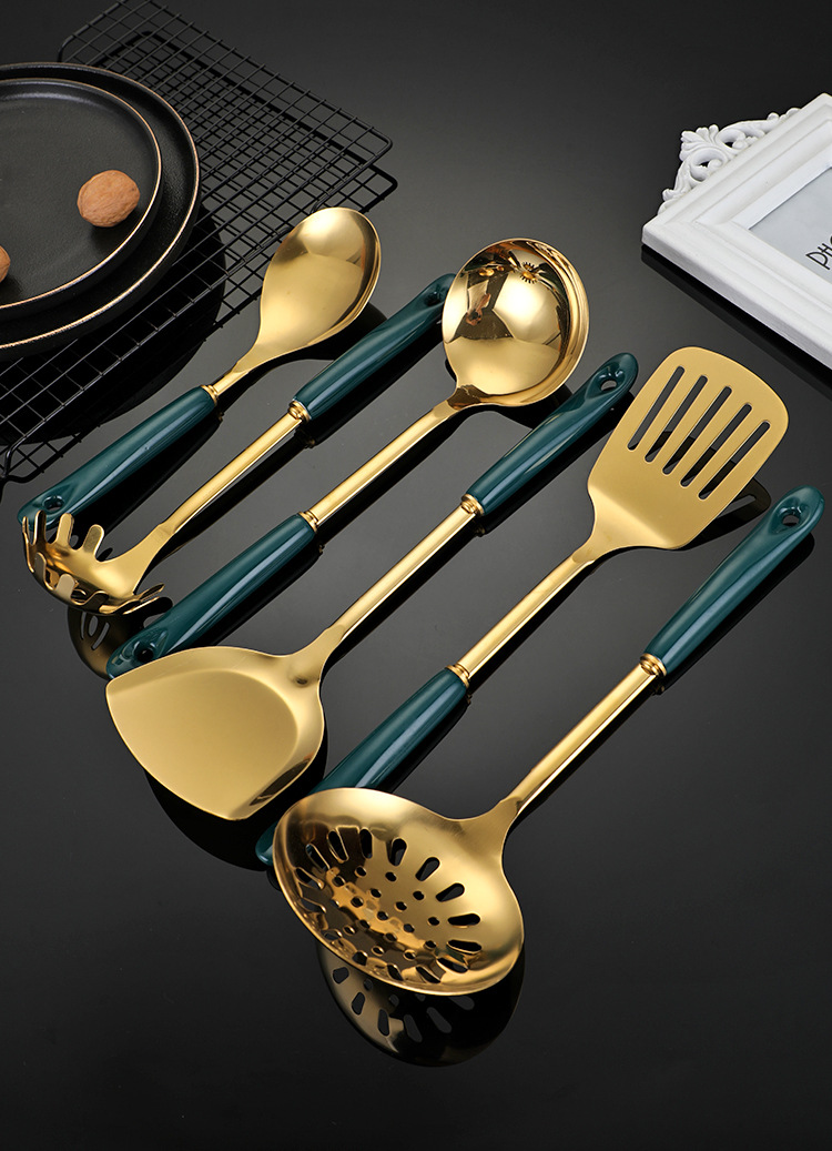 轻奢镀金厨具7件套 陶瓷手柄不锈钢厨具套装锅铲漏勺汤勺厨房用品