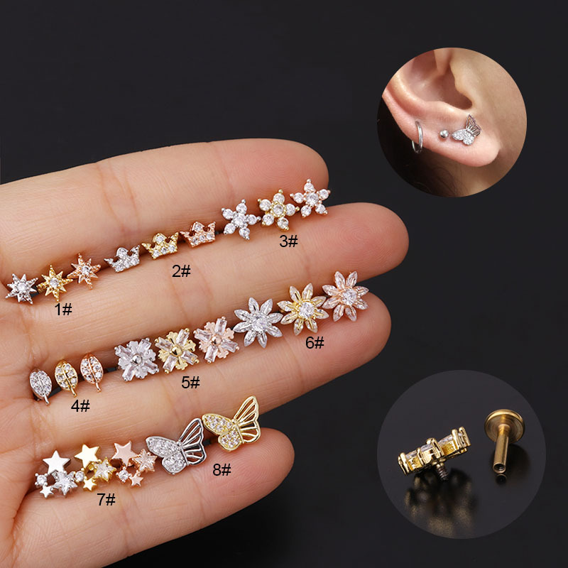 New Version of Internal Teeth Labret Rod Ear Bone Stud 16G Stainless Steel Piercing Ear Stud Micro Inlaid Zircon European and American Foreign Trade Ornament