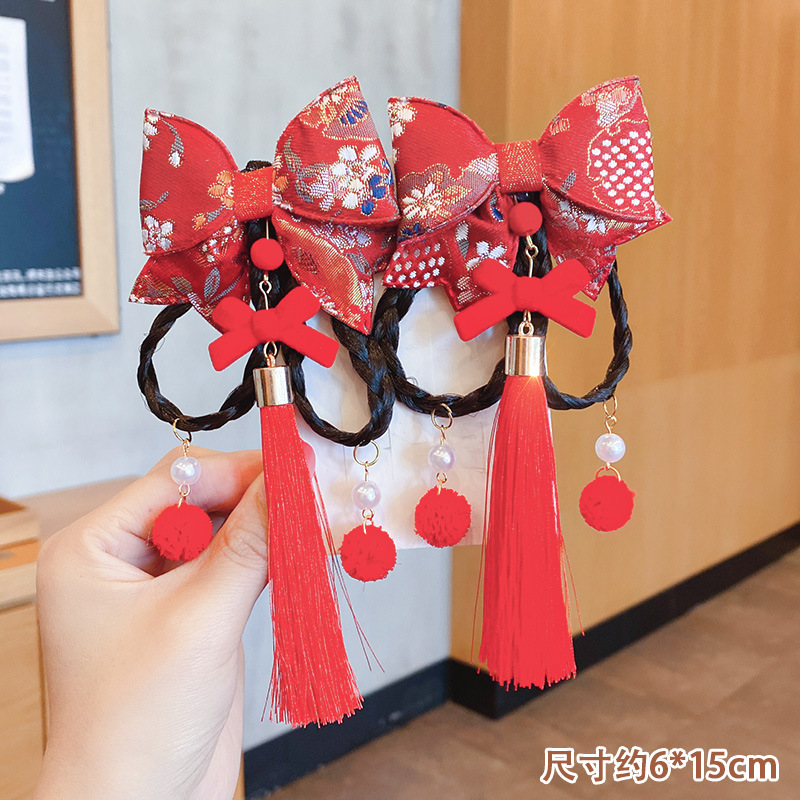 New Year Chinese Style Bow Braid Children Antique Hairpin Baby Wig Hair Accessories Headdress for Han Chinese Clothing Wholesale