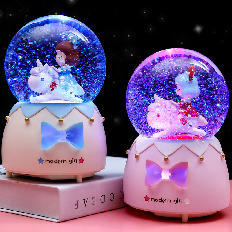 少女心波比公主女孩水晶球八音盒飘雪音乐盒灯光桌面摆件儿童礼物