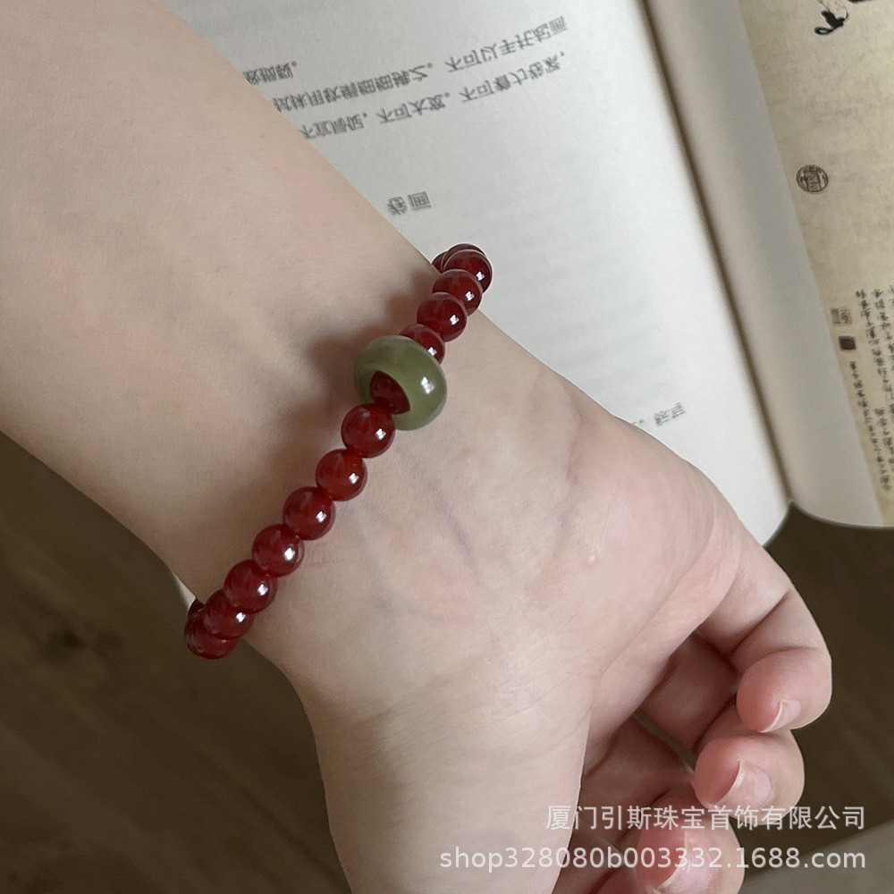 引斯/新中式国风复古红玛瑙和田玉跑环红绿撞色圆珠手串-阿里巴巴