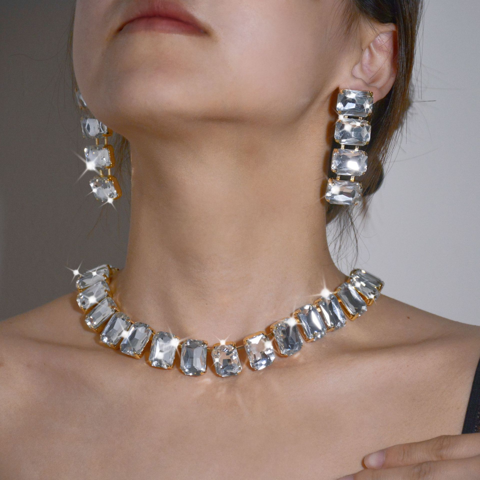 跨境时尚水钻项链套装 欧美个性夸张方形项链耳环配饰jewelry set