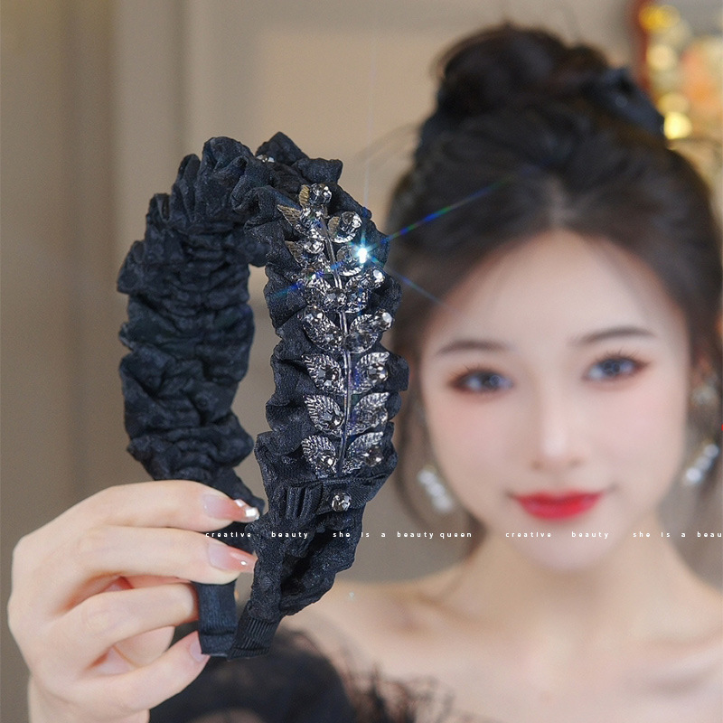 Black High-Grade Wide-Brimmed Pleated Shiny Headband High Skull Top Temperamental Minority Crushed Hairpin New Hair Accessories