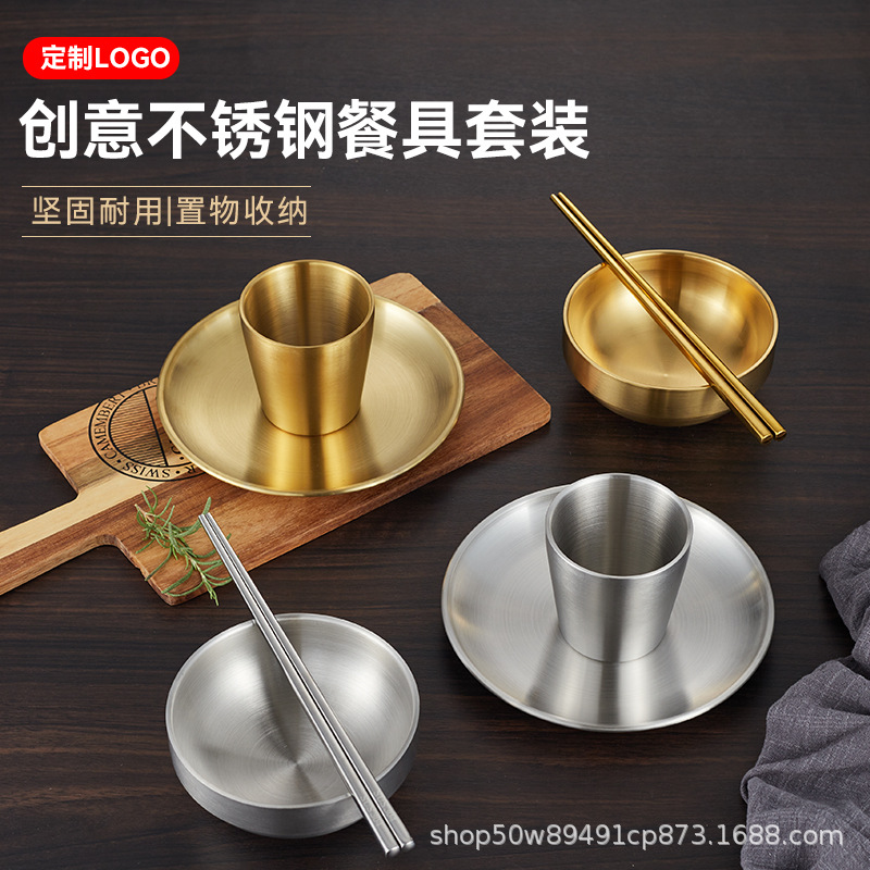korean style bowl chopstick and spoon cup tableware table display set bowl and chopsticks matching theme restaurant roast meat shop business set gold