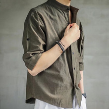七分袖衬衫男夏季韩版潮流立领帅气亚麻短袖衬衣中袖棉麻寸衫男士