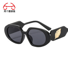 两个圈 欧美椭圆形超大镜框太阳眼镜跨境时尚金属叶子徽标墨镜