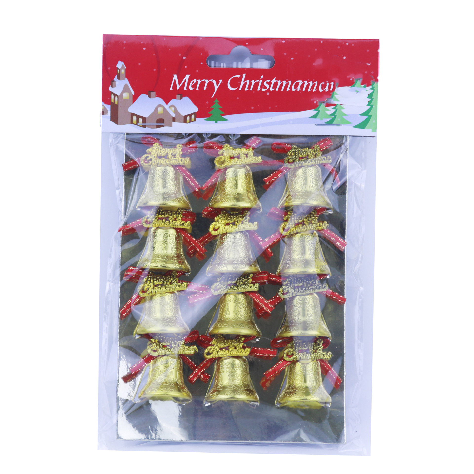 2.5cm 12/Card Bell Christmas Tree Decoration Pendant Large Jingling Bell Pack Sticky Word Plate Bow Manufacturer
