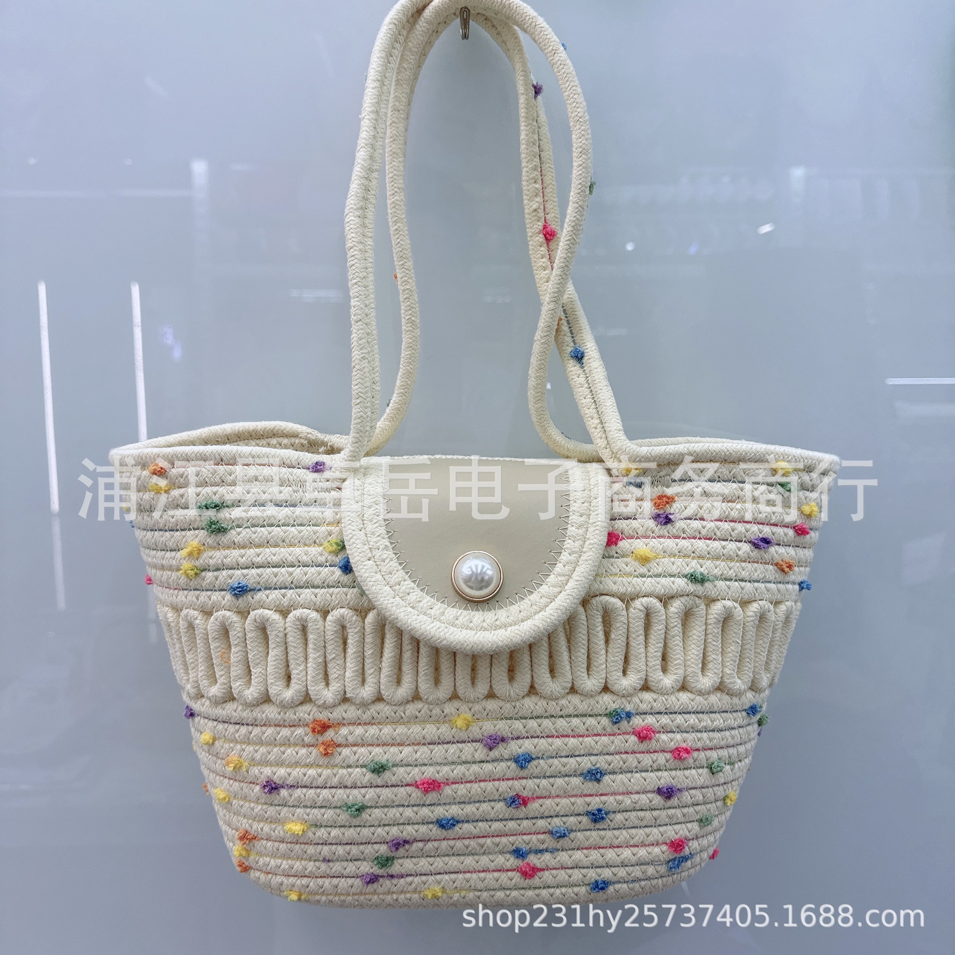 New Simple Pearl Buckle Cotton Thread Hollow Woven Bag City Versatile Women's Bag Portable Underarm Bag Trendy One-Shoulder Bag