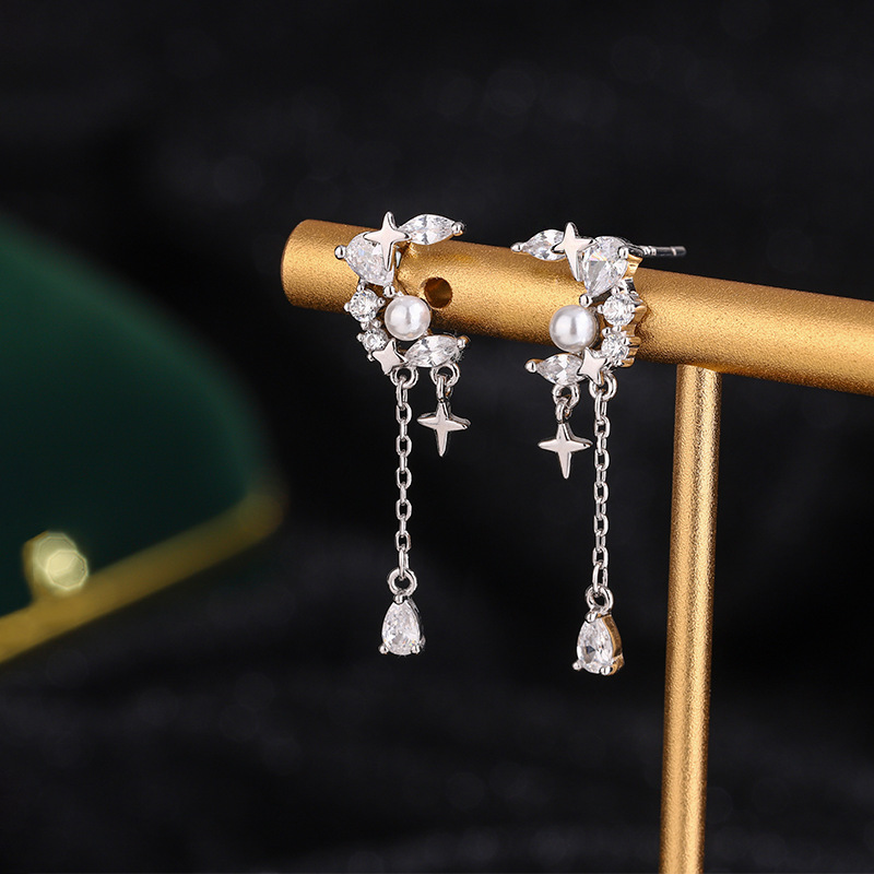 Difeng S999 Pure Silver Star Moon Tassel Water Drop Stud Earrings Female Romantic Moon Falling Star Pearl Earrings Fairy Style Earrings