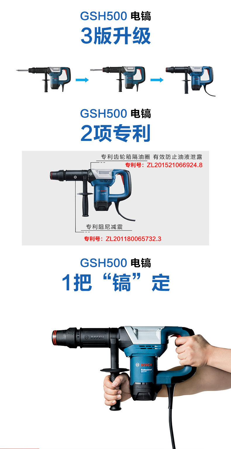 博世gsh500工业级大功率1100w单电镐五坑专业重型削凿破机gsh5/ce