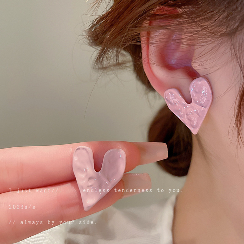 Silver Needle Pink Girl's Heart Pleated Love Heart Flowers Opal Pearl Earrings Fashion Earrings High-Grade Earrings