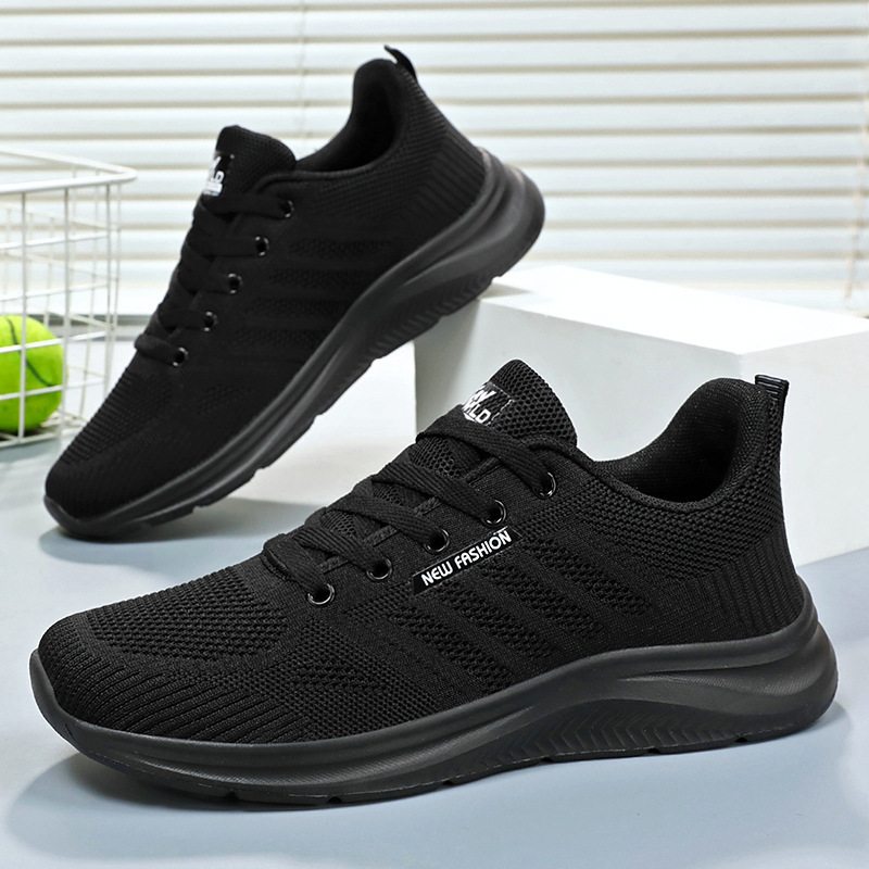 2024 Spring New Simple Men's Shoes Pure Black Sports Leisure Shoes Lightweight Breathable Couple Flying Woven Shoes