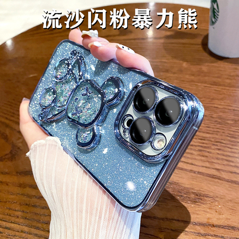 applicable iphone 14 mobile phone shell quicksand glitter powder violent bear apple 13pro electroplated lens film tpu transparent soft