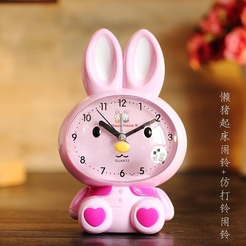 闹钟创意兔子小学生女孩可爱宝贝起床静音打铃双音贪睡夜灯款钟表