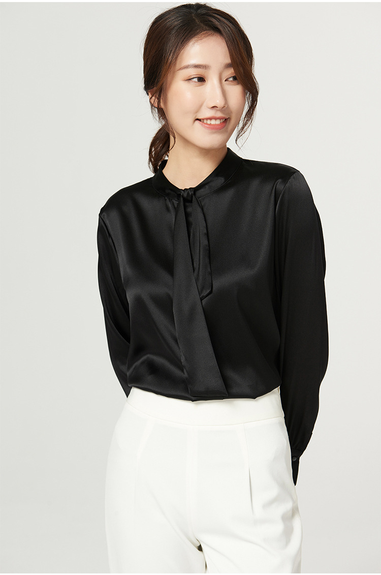 真丝衬衫女长袖桑蚕丝2021春季新款衬衣大码通勤缎面立领上衣飘带