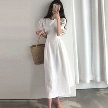 桔梗法式设计感长裙白色泡泡袖棉麻连衣裙子女装2021夏季薄款韩版