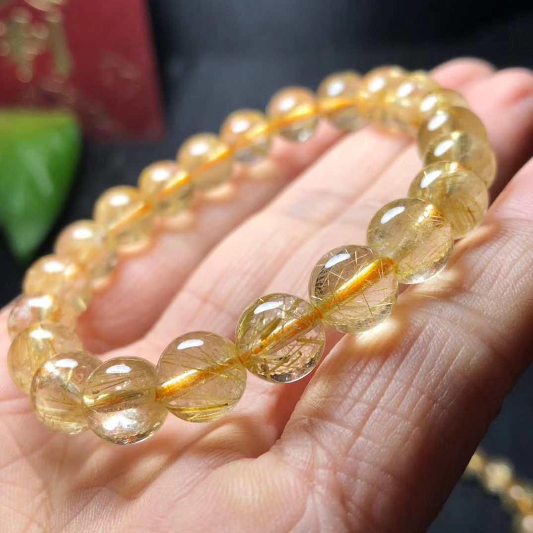 Natural Gold Rutilated Quartz Single Ring Bracelet Smooth Hair Rutile Cat's Eye Bracelet Men's and Women's Yellow Hair Crystal Hair Jewelry Gift Temperament