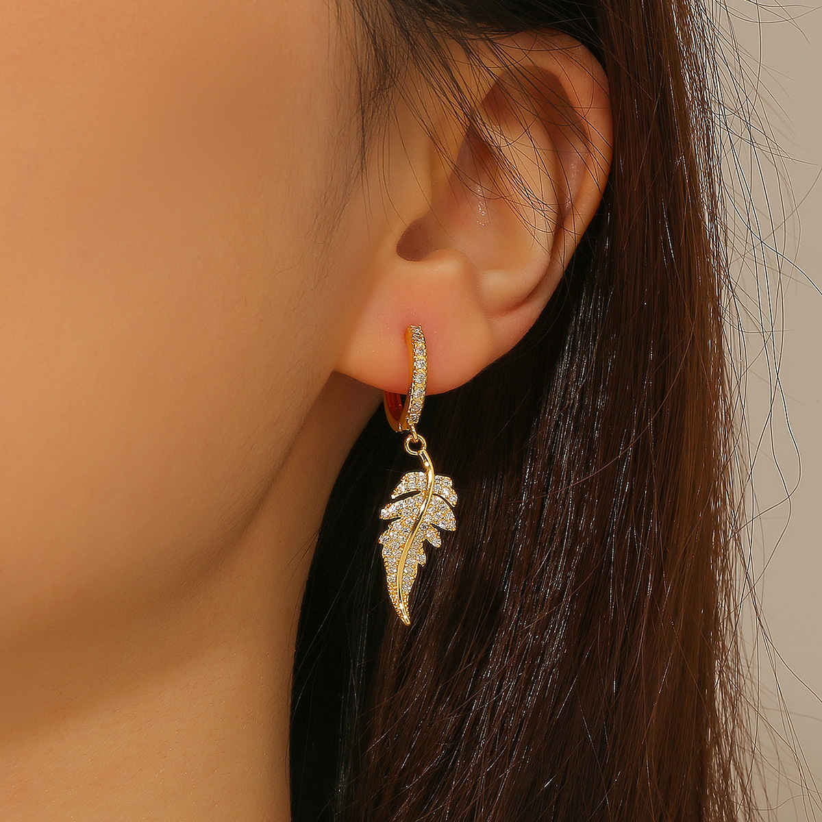 铜锆耳坠 树叶铜锆石耳环 情人节女朋友礼物耳环 树叶气质耳饰真