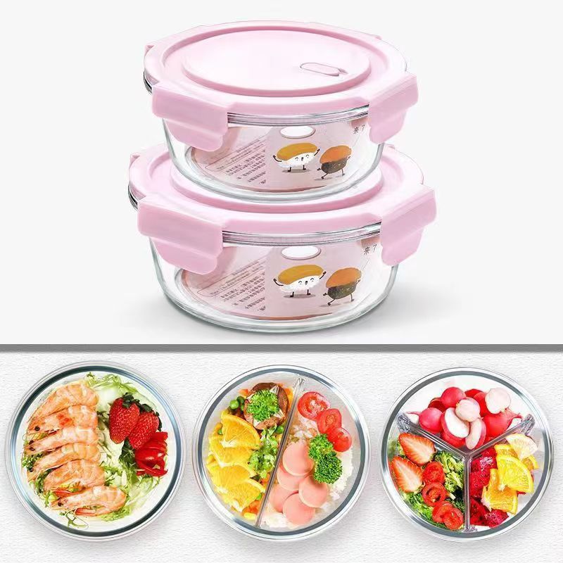Ws round Glass Lunch Box Microwaveable Dedicated for Heating Bowl with Cover Soup Bowl Crisper Insulation Bento Lunch Box