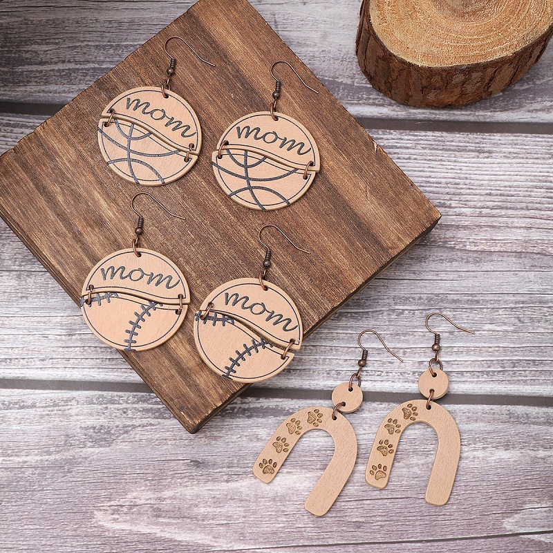 Cross-Border English Mom Letter Baseball Basketball Wooden Earrings Earring Pendant for Ladies Aliexpress Amazon