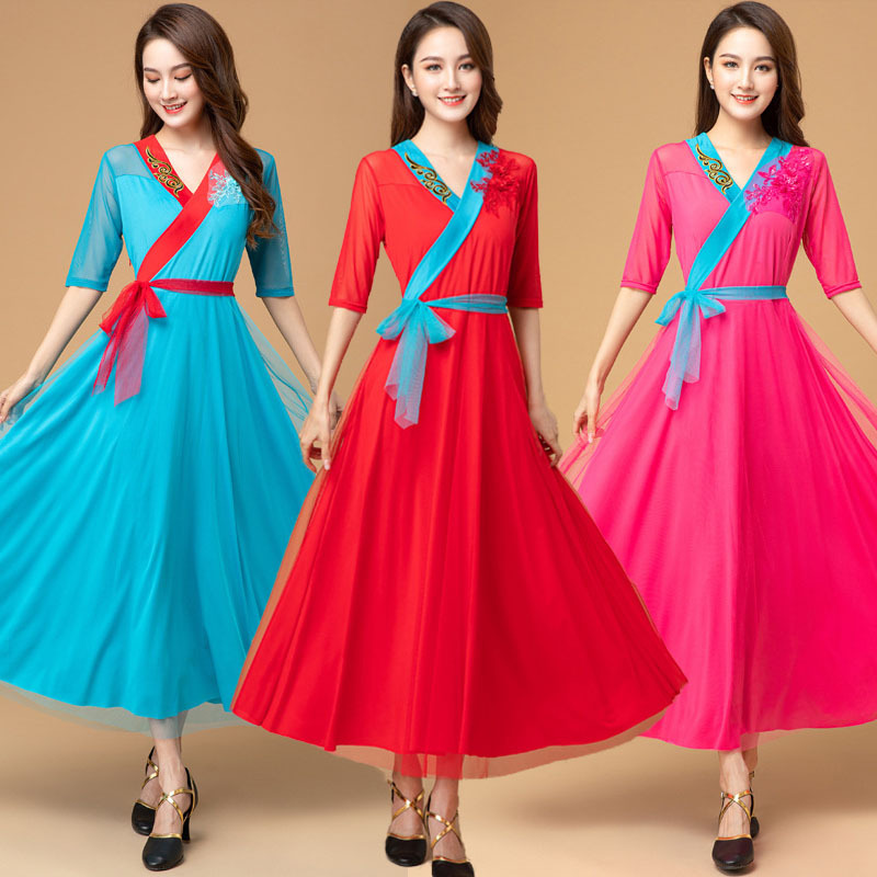 广场舞服装女中老年跳舞上衣v领大摆网纱长裙古典民族舞蹈连衣裙