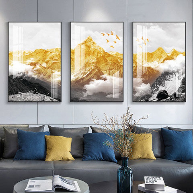 客厅装饰画沙发背景墙壁画北欧现代简约餐厅三联布纹水晶膜画