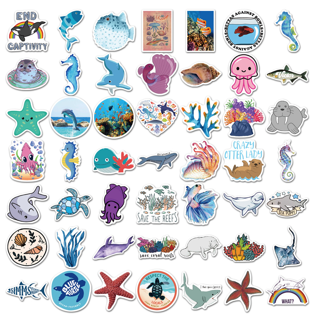 50张海洋生物章鱼海豚鲸鱼涂鸦贴纸个性行李箱滑板车冰箱水杯贴画