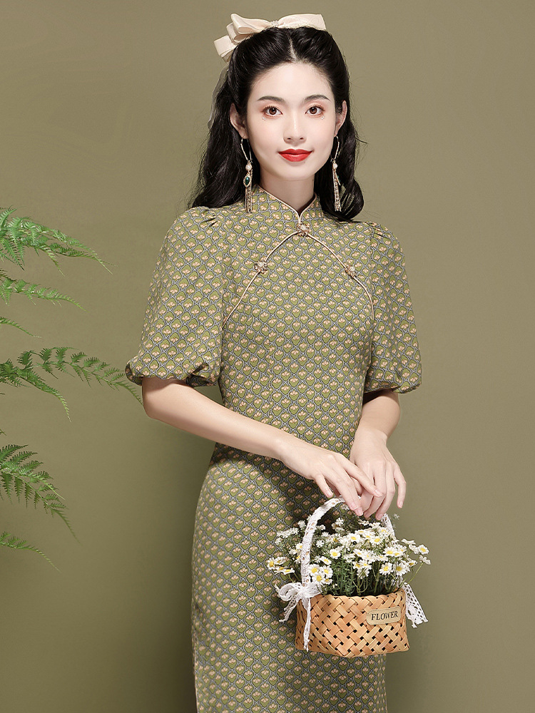 深圳精品改良旗袍中国风灯笼袖气质年轻款雪纺连衣裙女夏季220290