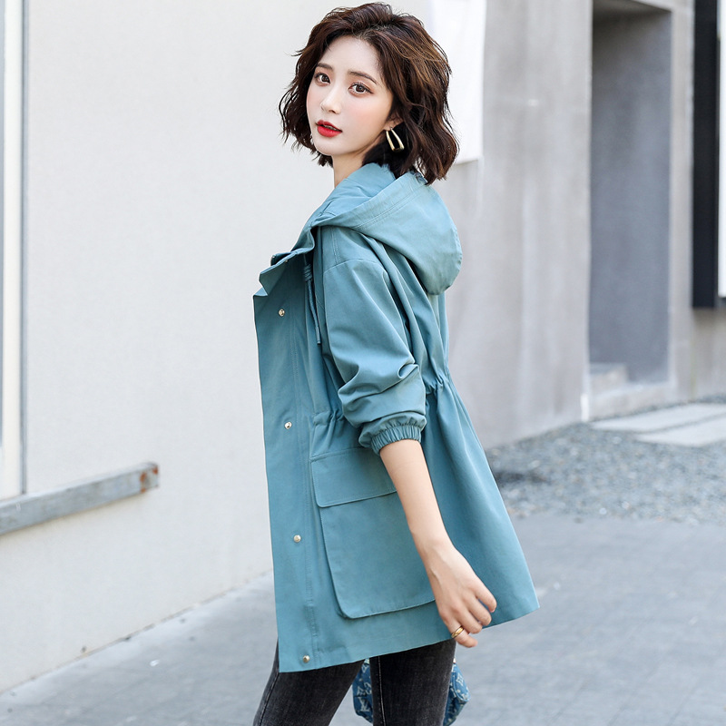 工装外套女中长款2021新款韩版宽松流行时尚气质收腰女装连帽风衣