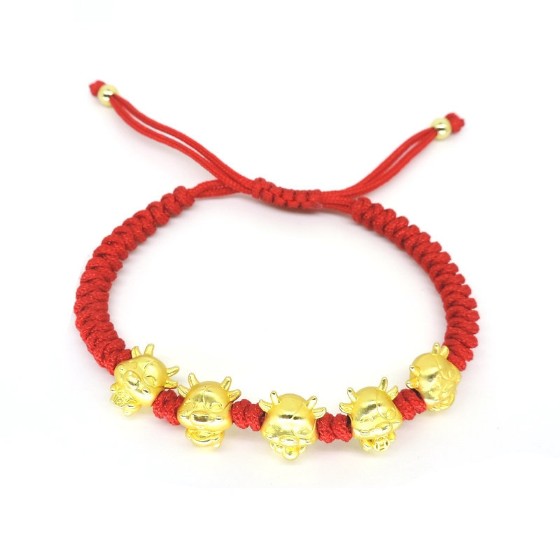 2021五福牛红绳手链 3d铜镀金本命年手绳 生肖牛男女情侣款礼物