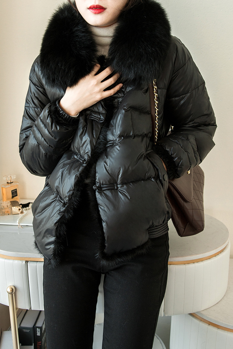 2021冬季新款时尚复古盘扣狐狸大毛领短款水貂毛羽绒服外套90绒韩
