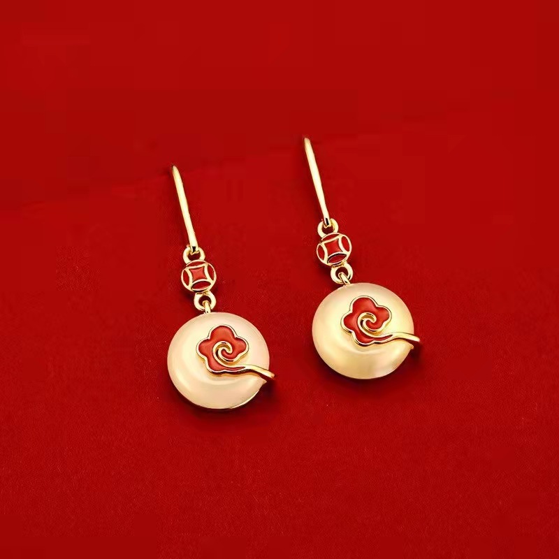 中国风925银白玉平安扣耳环女款新中式小众个性铜钱珐琅祥云耳坠