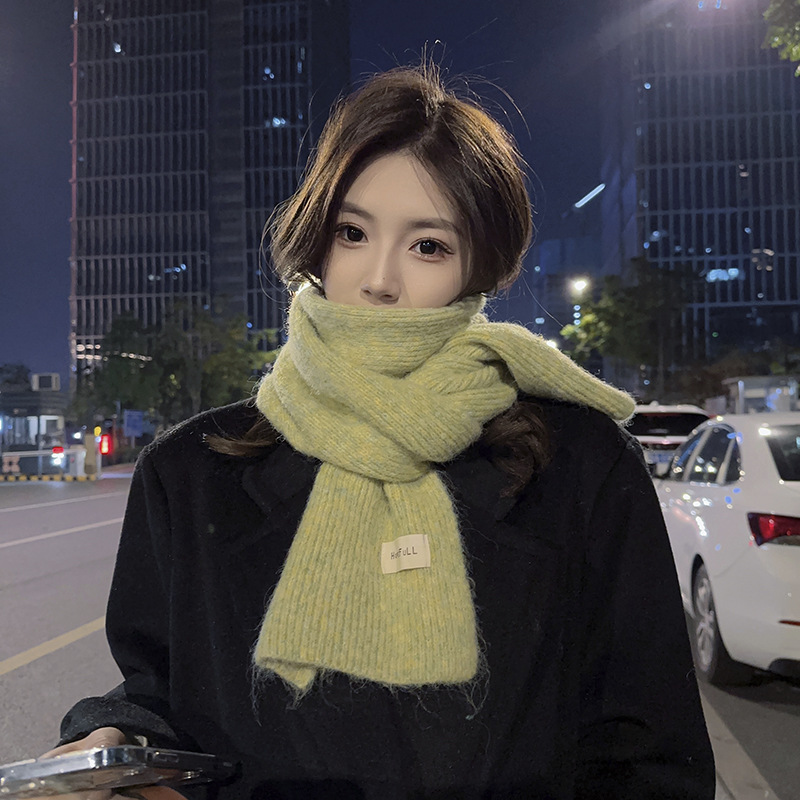 Korean Style Ins Green Knitted Scarf Women's Winter Patch Solid Color Students Warm-Keeping Wool Scarf Men's Couple