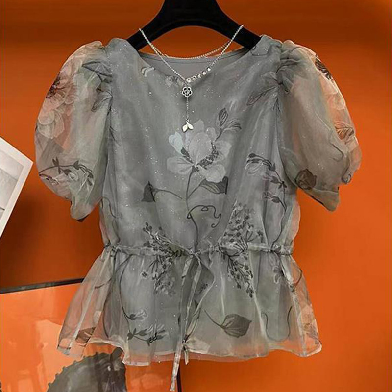 2024年夏季女装小众法式甜美欧根纱拼接上衣裙摆小衫休闲印花衬衫