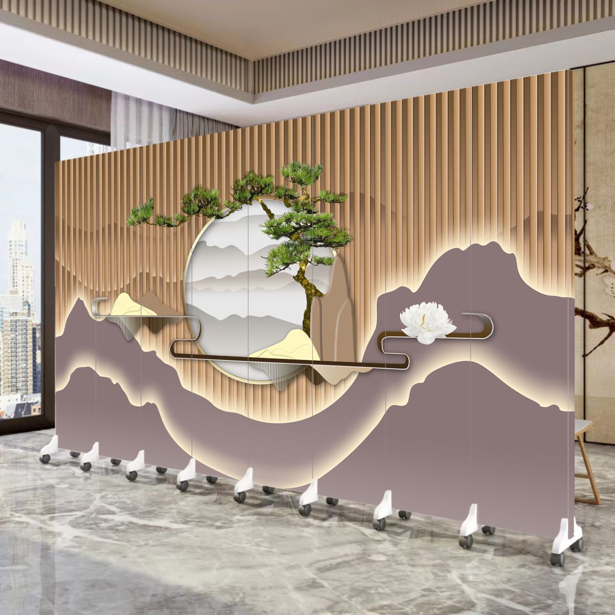 新中式屏风隔断办公室饭店大厅玄关酒店花格玄关背景墙木格栅折屏