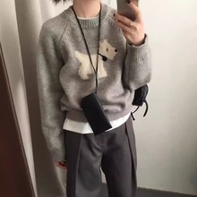慵懒风提花套头卡通小狗毛衣女秋冬韩国东大门宽松针织衫灰色上衣