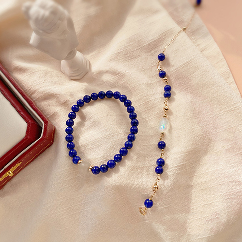 青金石手链7mmdiy女款搭配14k包金月光石貔貅和田玉青金石手链