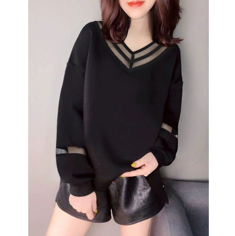 薄款黑色v领网纱拼接休闲简约长袖套头卫衣女欧洲站2022秋季新款