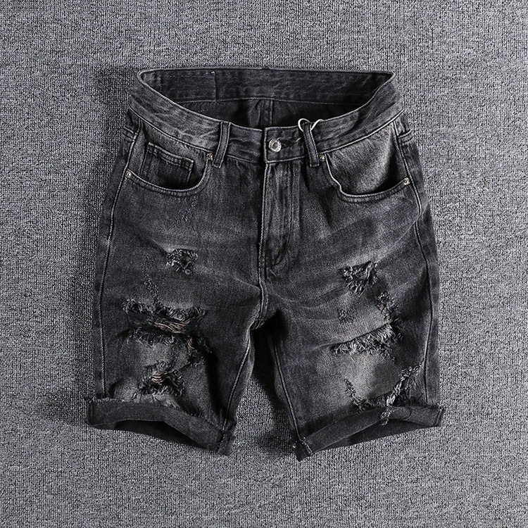 新款夏季破洞乞丐中裤男士黑色牛仔短裤潮流刮烂外穿修身薄款裤子