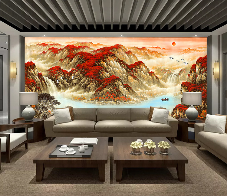 电视背景墙壁纸客厅办公室国画墙布鸿运当头山水风景墙纸风水壁画