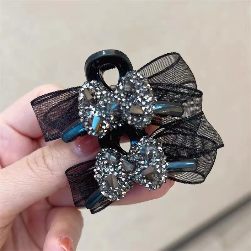 Double-Sided Bow Small Jaw Clip Mesh Rhinestone Barrettes High-Grade Bangs Hair Clip for Broken Hair Barrettes High Skull Top Light Luxury Hair Accessories