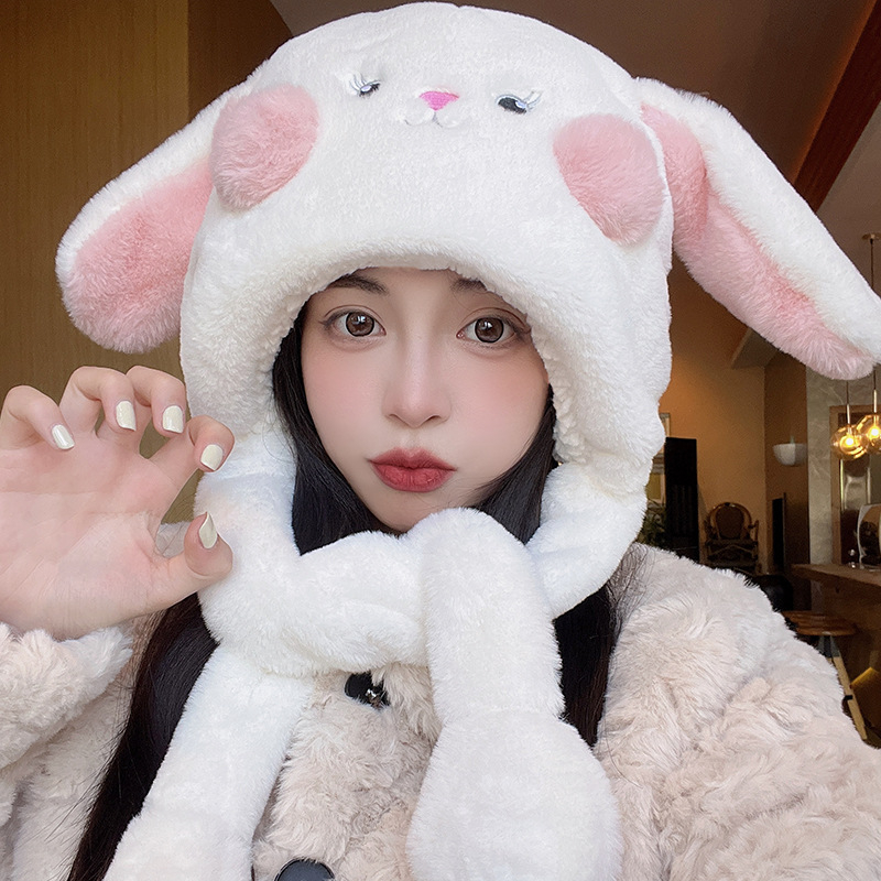 新款可爱兔子耳朵会动帽子女一体冬季加厚毛绒保暖护耳骑车防风