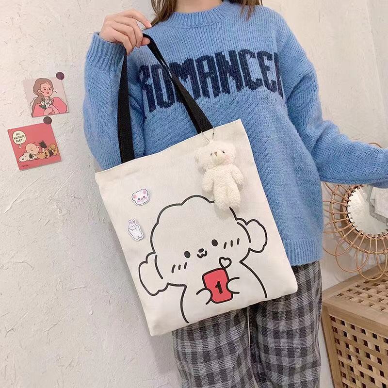 Korean Ins Large Capacity Canvas Bag Female Student Handbag for Class College Style All-Match and Cute Little Bear Shoulder Bag