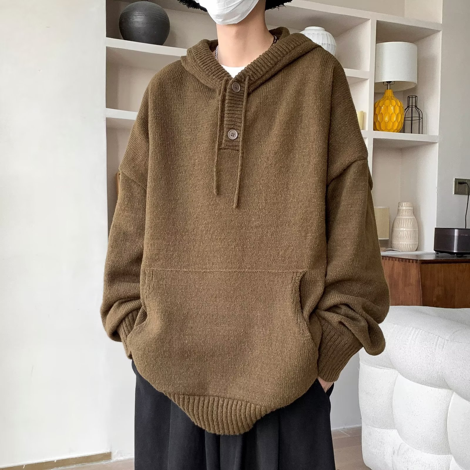 棕色连帽毛衣男冬季日系学院风复古加厚外套秋冬高级感潮牌针织衫