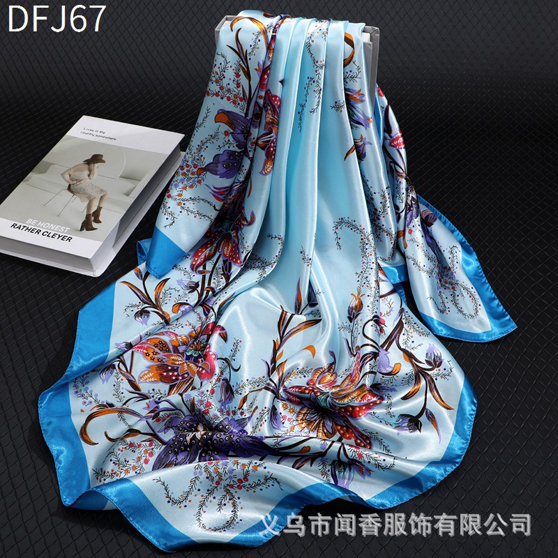 Hot Sale 90 Square Scarf Satin Emulation Silk Scarf Glossy Printed Scarf for Middle-Aged and Elderly People Sun Protection Closed Head Scarf Shawl