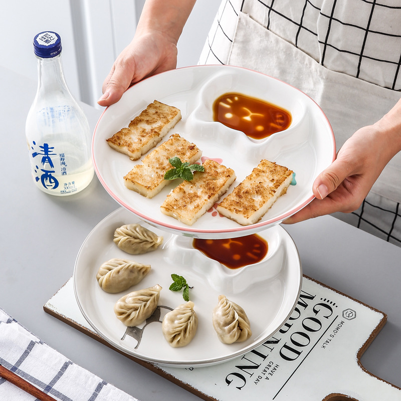 Japanese-Style Ceramic Dumpling Plate Steamed Stuffed Bun round Compartment Tray Creative Plate Household French Fries Snack Breakfast Plate with Vinegar Dish