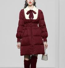 冬季新款女装枣红色中长款白鸭绒羽绒服加厚收腰面包服潮